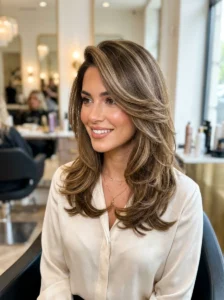 Side-part hairstyle creating balance for a round face