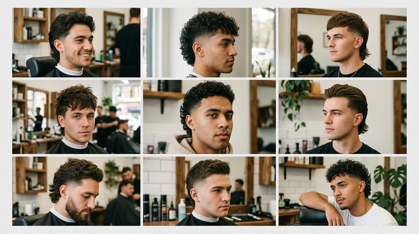 Subtle mullet hairstyles for men collage with clean modern haircuts