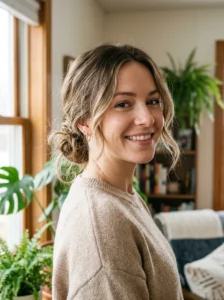Messy low bun hairstyle with soft face-framing pieces