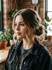 Messy low bun with soft face-framing pieces and grunge texture