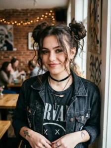 Messy space buns with loose strands for a grunge-inspired look