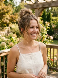 Messy top knot hairstyle for warm weather