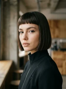 Micro fringe hairstyle with short blunt bangs