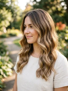 Natural looking balayage hairstyle with soft waves
