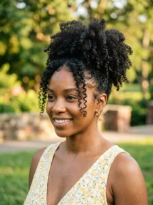 Curly puff hairstyle for natural textured hair