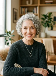 Curly crop hairstyle for women over 60 with natural textured curls.