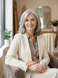 Shoulder-length layered hairstyle for women over 60 with soft silver waves.