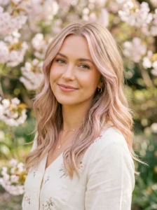 Pastel pink highlights in blonde hair