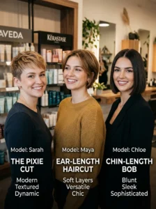 Comparison of pixie cut, ear-length haircut and chin-length bob, modern salon hairstyle guide, realistic beauty photography