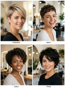 Pixie haircut styles for straight, wavy, curly, and thick hair textures.
