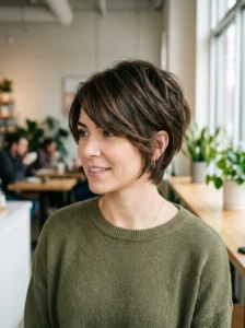Long pixie cut with height and movement for a round face