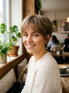 Soft pixie haircut with fringe