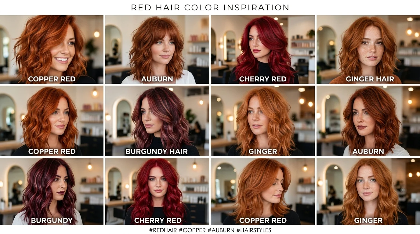 Red hair color ideas collage with copper, auburn, and burgundy shades