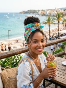 Scarf wrapped bun hairstyle with summer accessory