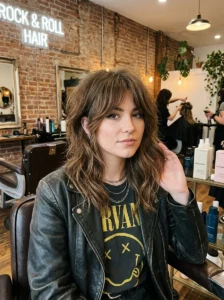 Shaggy layered grunge haircut with textured movement and curtain fringe
