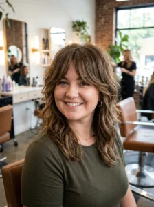 Medium shag haircut adding height and movement for a round face shape