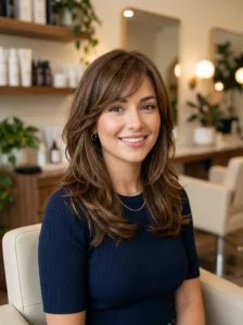 Side-swept bangs that soften a wider forehead