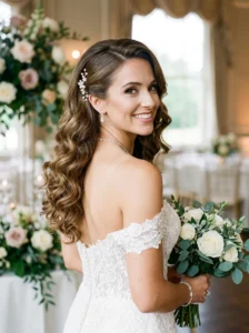 Side swept curls for a wedding celebration
