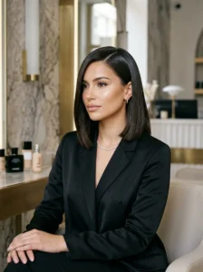 Blunt bob hairstyle with dramatic side part