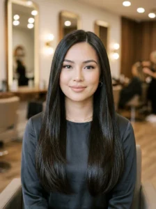 Long sleek hairstyle creating length for a round face shape