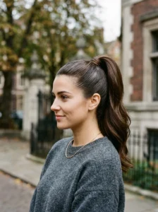 High ponytail hairstyle with volume at the crown