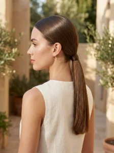 Sleek low ponytail hairstyle for humid weather