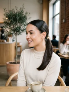 Sleek low ponytail hairstyle with smooth finish