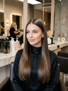 Sleek middle-part long straight hairstyle