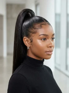 Sleek ponytail with styled baby hairs