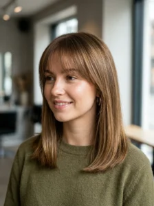 Straight hairstyle with wispy bangs