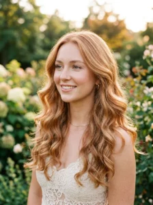 Strawberry blonde hairstyle with warm copper tones