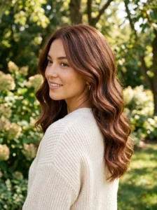 Strawberry brunette hair color with warm red tones