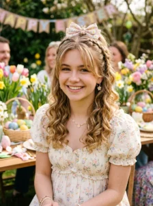 Braided half-up hairstyle with curtain bangs