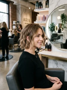 Textured chin-length bob hairstyle with soft layers