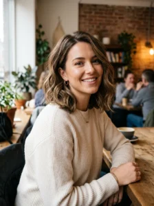 Textured lob haircut that elongates a round face shape