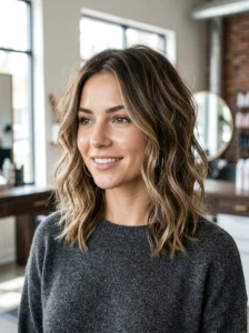 Textured lob haircut for an oval face shape