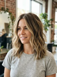 Textured lob hairstyle that balances a heart-shaped face