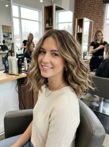 Textured lob hairstyle with soft movement and volume