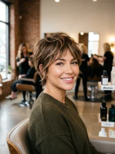 Textured pixie cut flattering an oval face shape