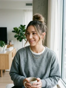 Top knot bun hairstyle for busy mornings