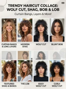 Different haircuts paired with curtain bangs