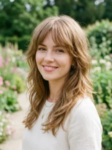 Wispy bangs softening a square face shape