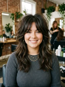 Wolf cut hairstyle with volume and texture for a round face shape