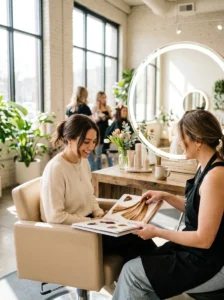 Woman getting a spring hair color consultation