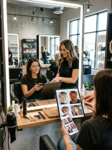 Woman choosing the best 2026 hair trend with hairstylist