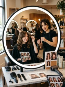 Discussing curtain bangs with a hairstylist
