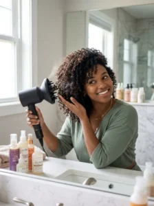Diffusing curly hair for soft definition
