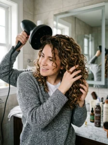 Diffusing thick wavy hair for volume control