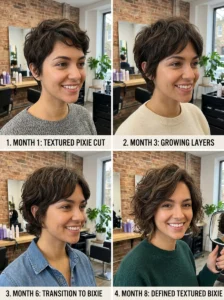 Pixie cut grow-out phase transitioning into a textured bixie hairstyle.