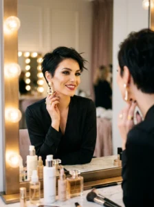 Woman with a modern pixie cut hairstyle showcasing bold facial features and elegant styling.